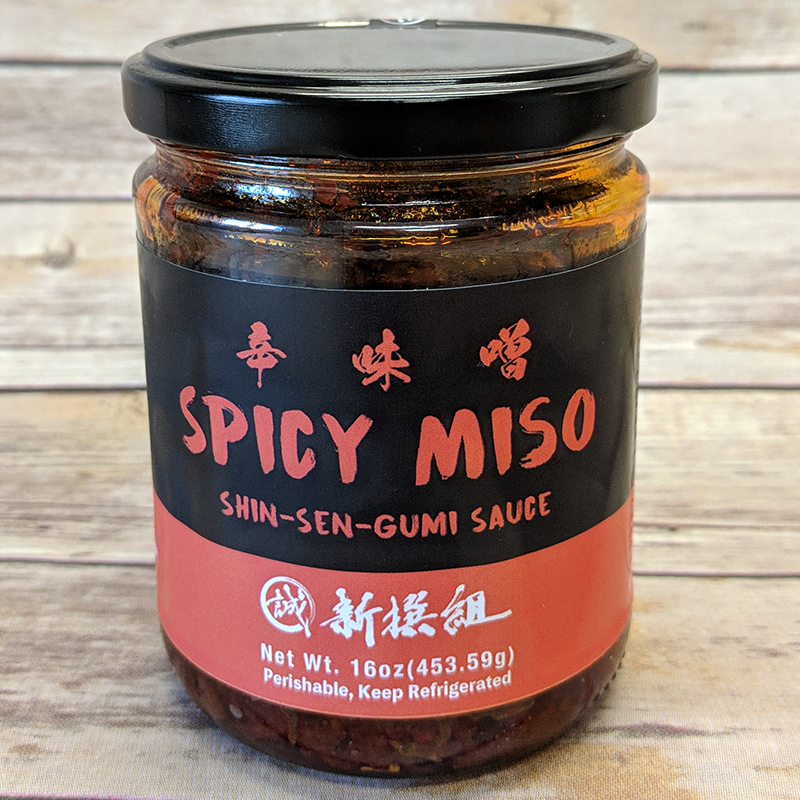 Shin-Sen-Gumi Spicy Miso 16 oz Jar on table