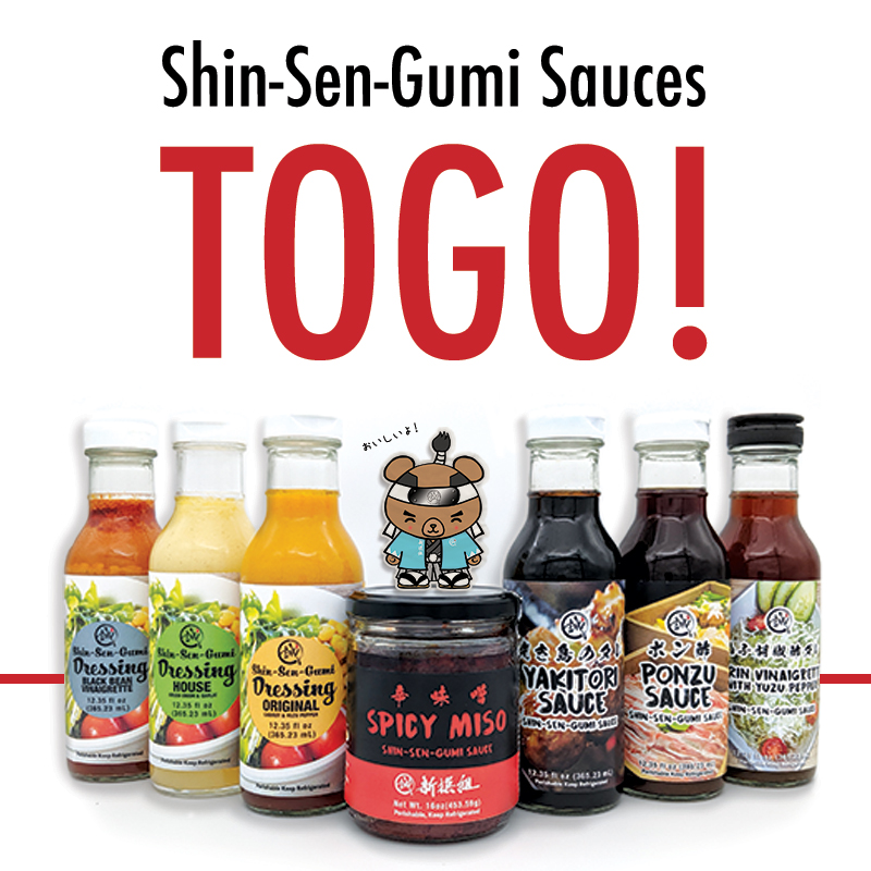 6 Bottles of Shin-Sen-Gumi's Dressings and 1 Jar of Condiment Lineup with mini Cartoon Bear