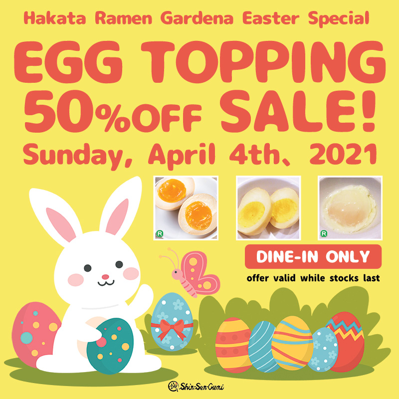 Ramen Gardena Easter Special Info Cartoon Bunny with Butterfly and Easter Eggs with 3 Egg Topping Photos