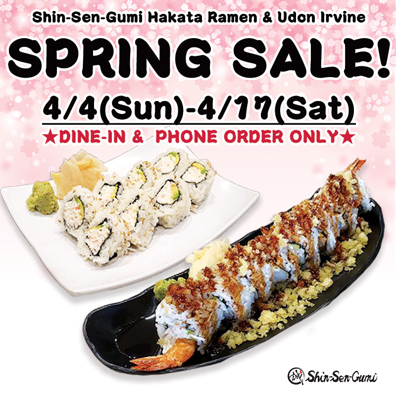 Irvine Spring Sale Info with Image of California Roll and Shrimp Avocado Roll