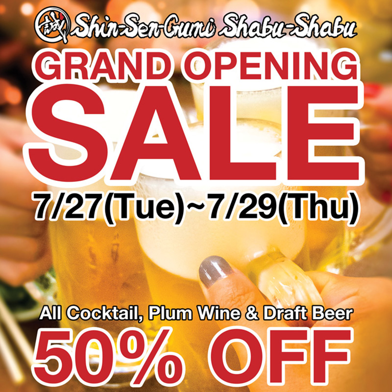 Shabu-Shabu Grand Opening Sale Info text in front of 3 Beer Glass Cheering