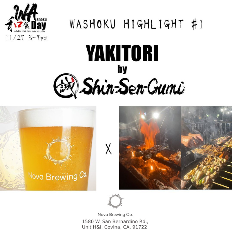 Washoku Day Info withNova Brewing Beer Photo next to Yakitori Grill Cooking Yakitori
