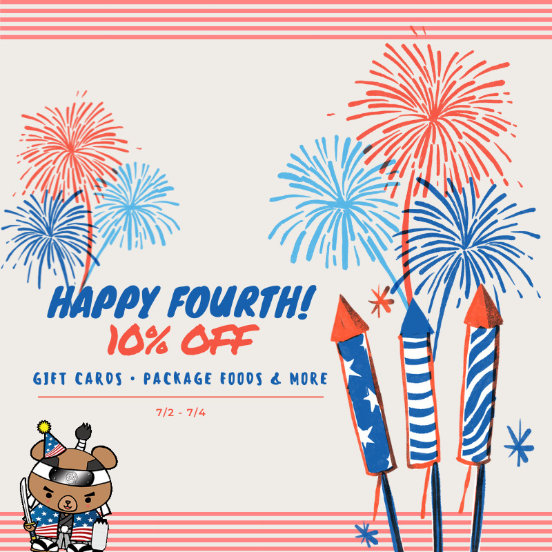 independence day sale info with red blue fireworks and cartoon bear in us flag outfit