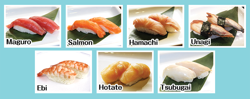 Photo ob NIGIRI SUSHI: 1. Maguro (Tuna), 2. Salmon, 3. Hamachi (Yellowtail), 4. Unagi (Teriyaki Eel), 5. Ebi (Shrimp), 6.Hotate (Scallop) and 7. Tsubugai (Whelk)