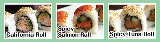 Photo of Roll A: 1. California Roll , 2. Spicy Salmon Roll and 3. Spicy Tuna Roll