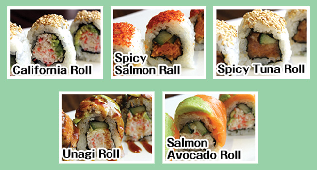 Photo of Sushi Rolls : 1. California Roll , 2. Spicy Salmon Roll and 3. Spicy Tuna Roll, 4. Unagi Roll (Teriyaki Eel) and 5. Salmon Avocado Roll
