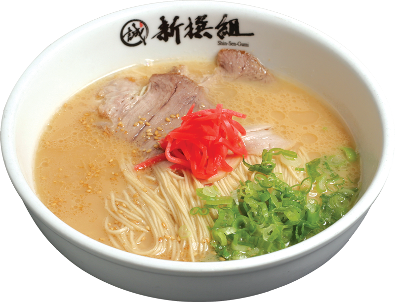 Regular sized Hakata Ramen. Pork bone broth, thin noodle, sliced chashu pork, green onion and red ginger in white Shin-Sen-Gumi's bowl.
