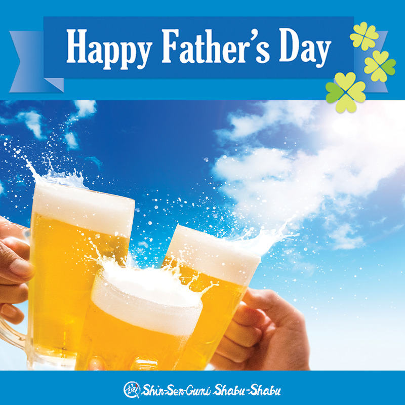 Photo of three hands toasting beer mugs under a blue sky over a blue background image. At the top is a blue ribbon with a clover decoration and "Happy Father's Day" written on the ribbon. At the bottom center is the SSG shabu-shabu logo.