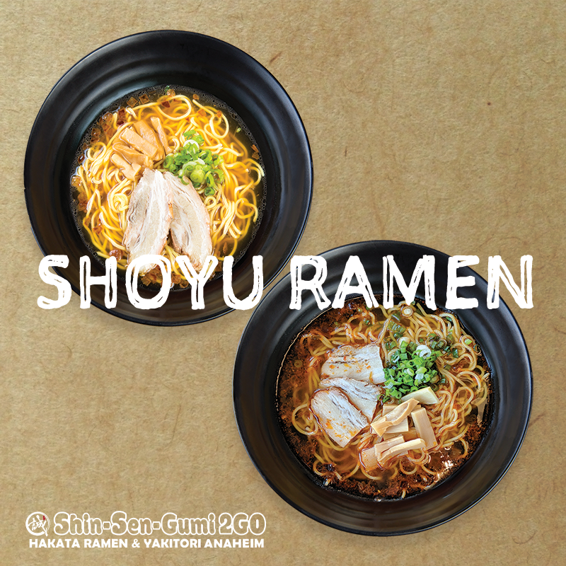 Brown Washipaper background. There are 2 black ramen bowls, shoyu at the left and spicy shoyu at the right. SHOYU RAMEN in white handwriting font in the center. Shin-Sen-Gumi 2GO Anaheim logo on the left bottom.