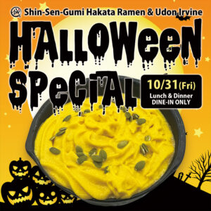 A Halloween-themed poster for Shin-Sen-Gumi Hakata Ramen & Udon Irvine. It features a bowl of bright yellow “Pumpkin Mountain” udon topped with pumpkin seeds, surrounded by jack-o’-lanterns and spooky graphics. The event is on October 31 (Fri), lunch & dinner, dine-in only.