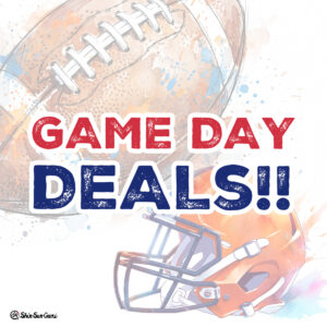 Illustration of an American football and helmet with bold text reading “GAME DAY DEALS!!”
