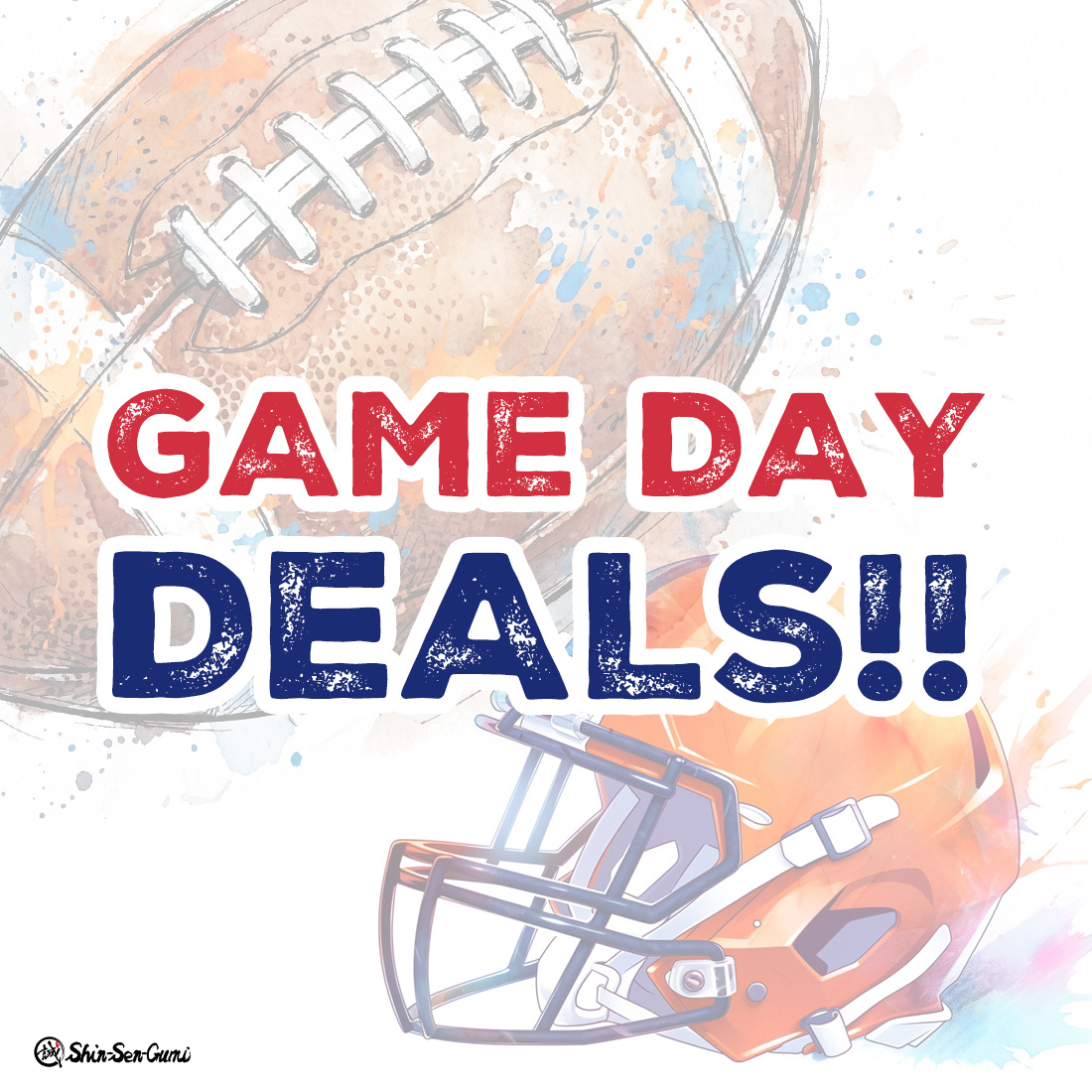 Illustration of an American football and helmet with bold text reading “GAME DAY DEALS!!”