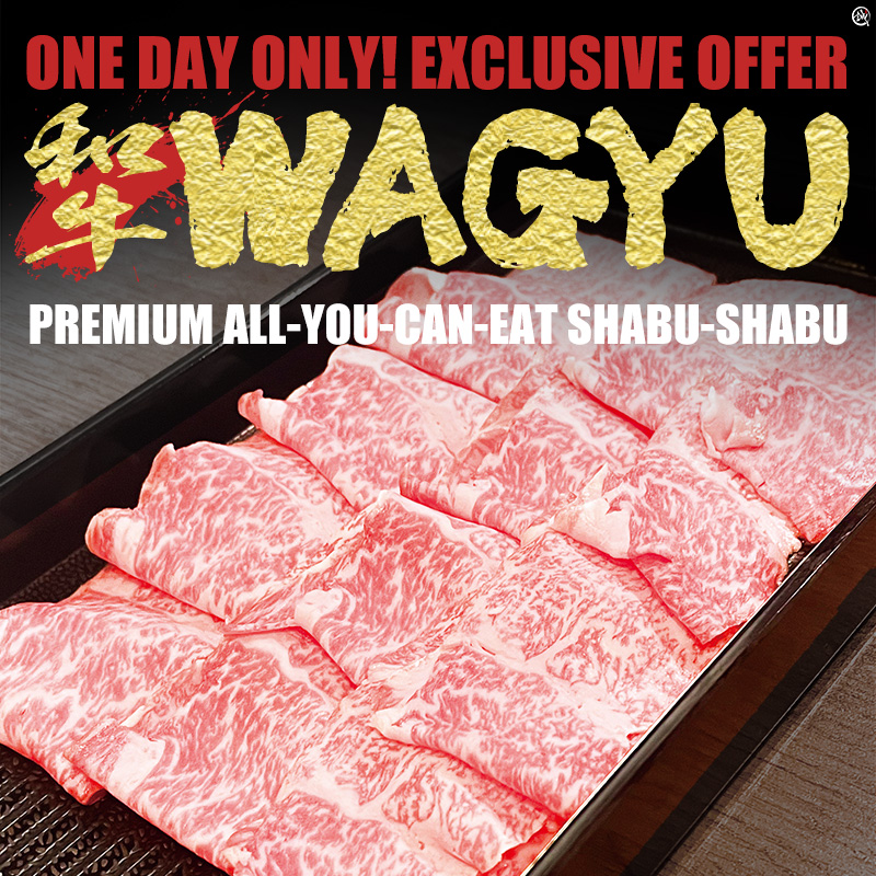 Promotional image for Shin-Sen-Gumi Shabu-Shabu Dining Gardena featuring the Wagyu Premium All-You-Can-Eat Shabu-Shabu limited time offer, including Premium Kobe Style Beef, A5 Kuroge Wagyu, and 1 vanilla ice cream or lychee sorbet, shown with sliced A5 wagyu on the plate.