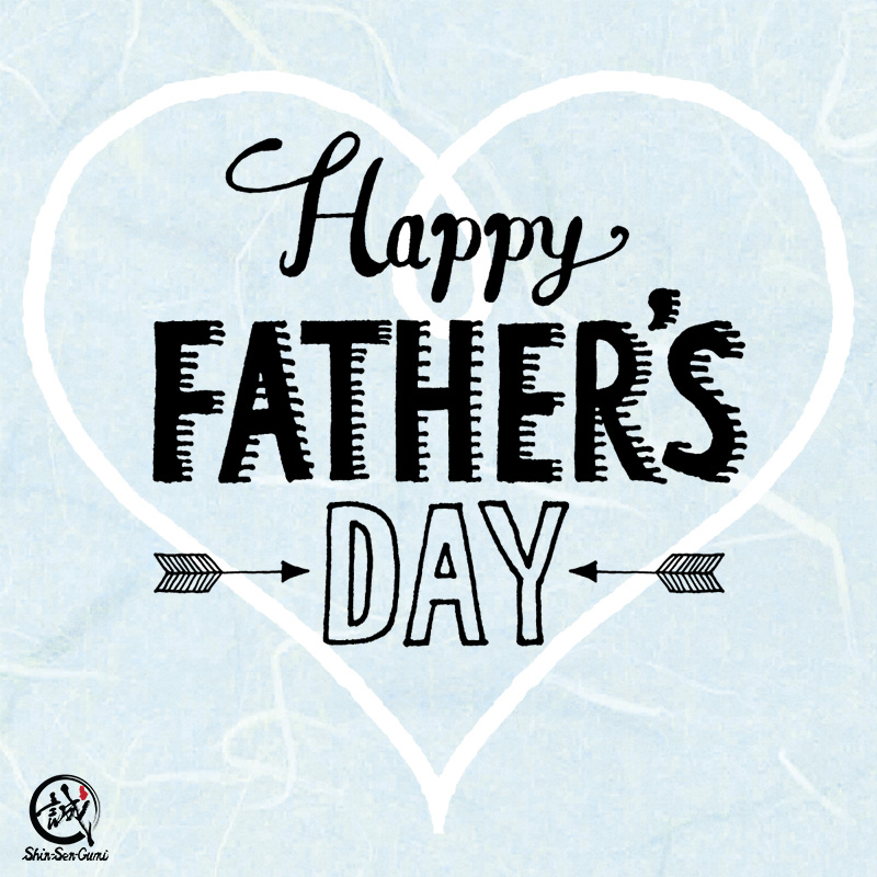 Shin-Sen-Gumi's father's Day event promotional image. blue background, white heart illustration and says " Happy Father's Day in the heart.