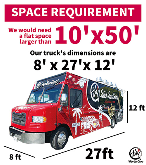 Space requirement graphic for the Shin-Sen-Gumi food truck. The image states that a flat space larger than 10 feet by 50 feet is required for setup. The truck measures 8 feet wide, 27 feet long, and 12 feet high. A photo of the red Shin-Sen-Gumi food truck is shown with dimension markers highlighting its width, length, and height.