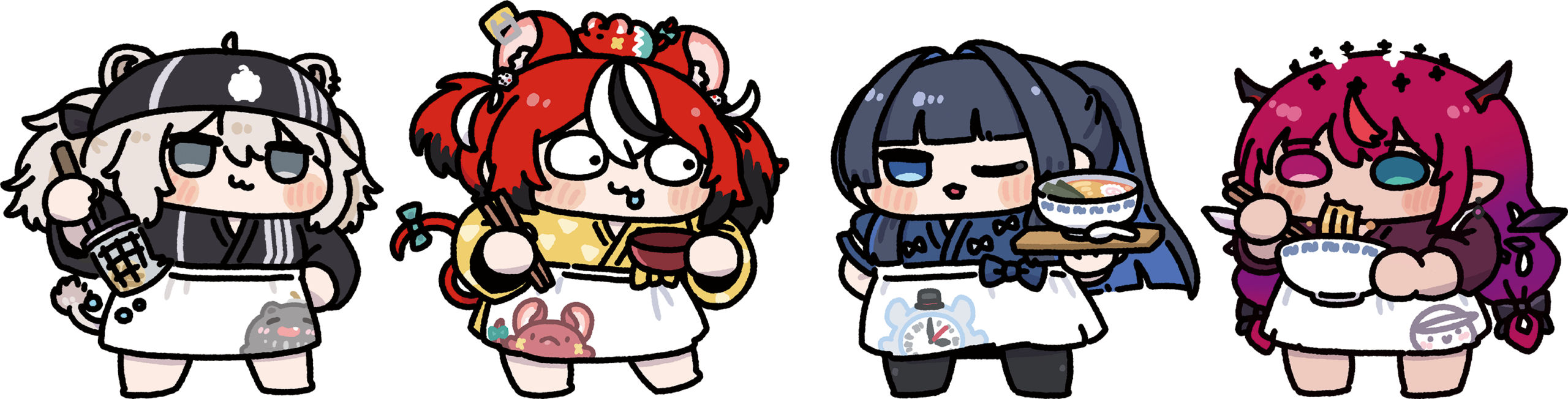Stickers image with featuring chibi illustrations of Shishiro Botan, Hakos Baelz, Ouro Kronii, and IRyS from left to right, wearing traditional staff aprons and holding food. © COVER